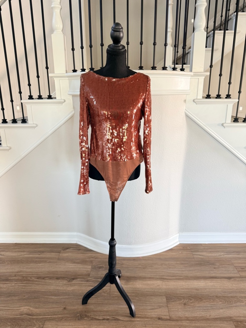 Bardot Brenna Sequin Open Back Bodysuit Chocolate NWT Large
